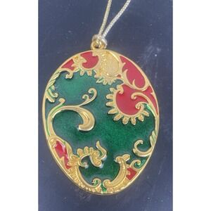 Christmas Vtg 1995 Gloria Duchin Egg Enamel Painted Ornament Green & Red